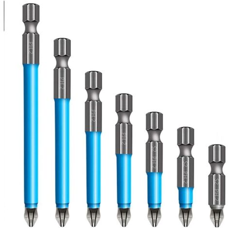 Set mit 7 magnetischen Schraubendreherbits, elektrische Kreuzschlitzschraubendreherbits, rutschfest, aus industrietauglichem legiertem Stahl S2/ 6,35 mm/ PH2 25–150 mm