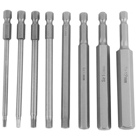 Set mit 8 100-mm-Sechskant-Schraubendreherbits für Bohrschrauber, 1/4"-Schaft, Längen 2,5–12 mm