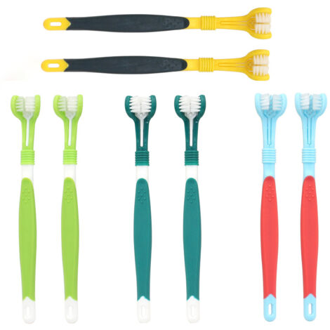 Set mit 8 dreiseitigen Hundezahnbürsten mit langem Griff für die Zahnpflege von Haustieren.
