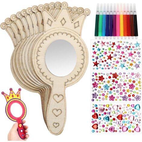 Set mit 8 handgefertigten Holzspiegeln für Kinder zum Selbstbemalen, kreative Aktivitäten zum Thema Prinzessinnen