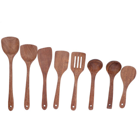 Set mit 8 Küchenutensilien aus Holz: Spatel, Löffel und Schöpfkellen zum Mischen und Servieren.