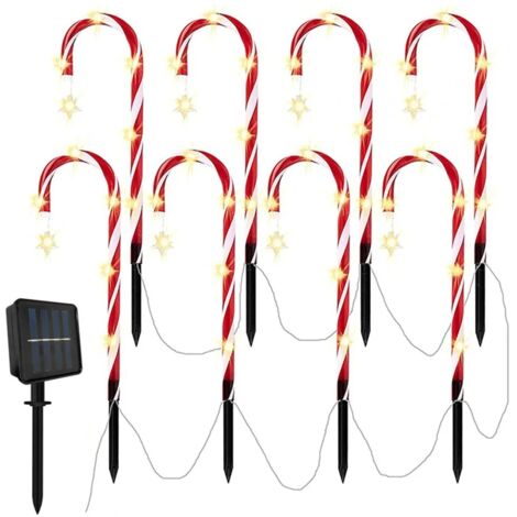 Set mit 8 solarbetriebenen Lichterketten in Form von Weihnachtsstäben für den Außenbereich, wasserdicht, für Einfahrt und Garten.