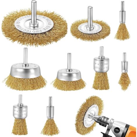 Set mit 9 Metallbohrbürsten, Messingbohrbürsten mit 6-mm-Schaft, Schleifbürsten, Schraubendreherbürsten zum Reinigen von Metall/Holz/Lack/Oberflächen