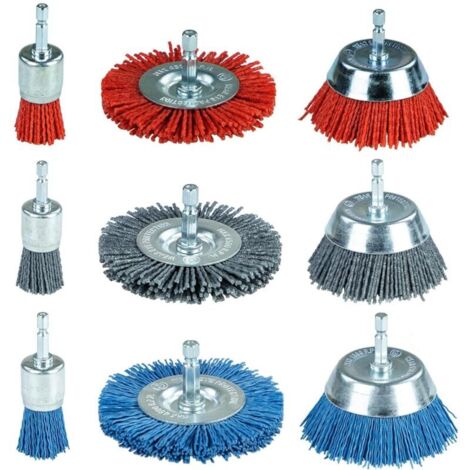 Set mit 9 Nylonbürsten mit 1/4"-Sechskantschaft – zum Bohren, Entfernen von Rost und Korrosion – 3 praktische und effektive Größen