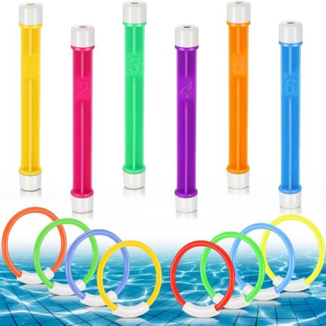 Set mit vierzehn Tauchspielzeugen für Kinderpools im Alter von vier bis acht Jahren: Tauchstäbe und -ringe, Wasserspielzubehör