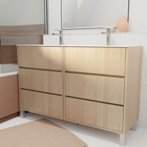 Set Mobile Bagno 120 cm Rovere Chiaro 6 Cassetti con Lavabo in Ceramica - XENOS