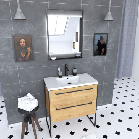 Set Mobile bagno 80 cm con piedini, 2 cassetti rovere - lavabo in resina bianca + specchio LED