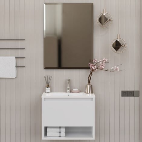 Set Mobile Bagno Sospeso 60 cm Lavabo e Specchio, 1 Cassetto 1 Vano Multiuso Salvaspazio, Ceramica e Legno, Design Moderno - Bianco