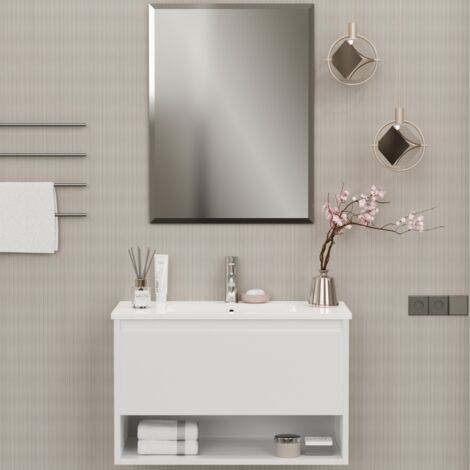 Set Mobile Bagno Sospeso 80 cm Lavabo e Specchio, 1 Cassetto 1 Vano Multiuso Salvaspazio, Ceramica e Legno,  Moderno - Bianco