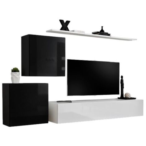 Set mobile da salotto murale SWITCH V design, colori bianco e nero lucido.