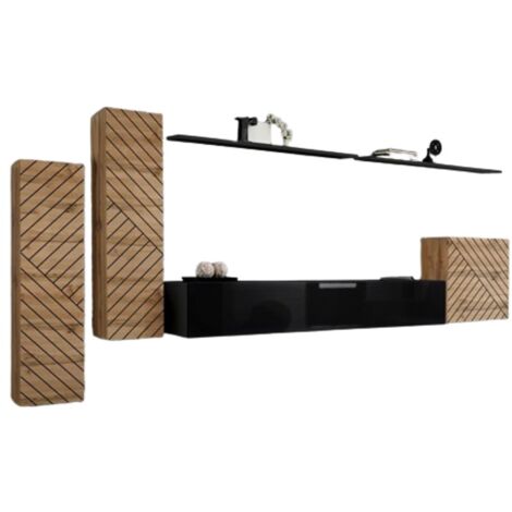 Set mobile da salotto SWITCH I design, colore rovere wotan e nero. Finiture delle facciate effetto rovere fresato.