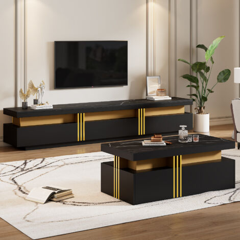Set Mobile TV da Parete con 1 Mobile TV e 1 Tavolino da Caffè, Stile Moderno, Pannello Truciolare e Metallo, Nero