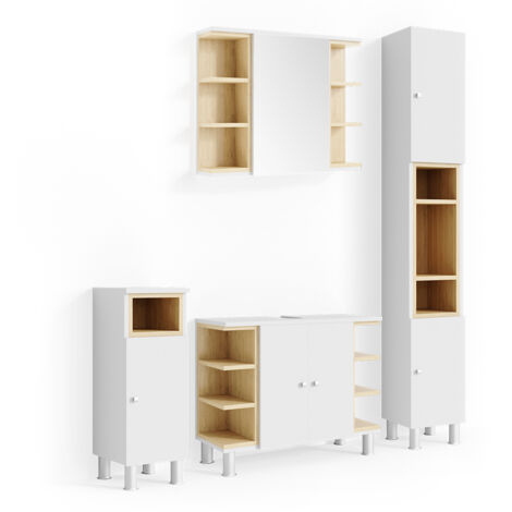 Set mobili bagno Aquis, Bianco/Sonoma, 4 parti, Vicco