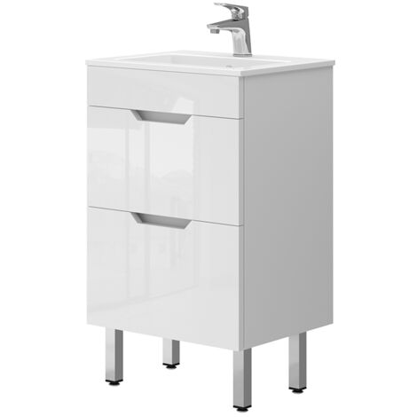 Set mobili bagno Clayton, Bianco, 2 parti, con lavabo e 2 cassetti, Vicco