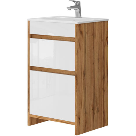 Set mobili bagno Detmold, Rovere dorato, 2 parti, con lavabo e 2 cassetti, Vicco
