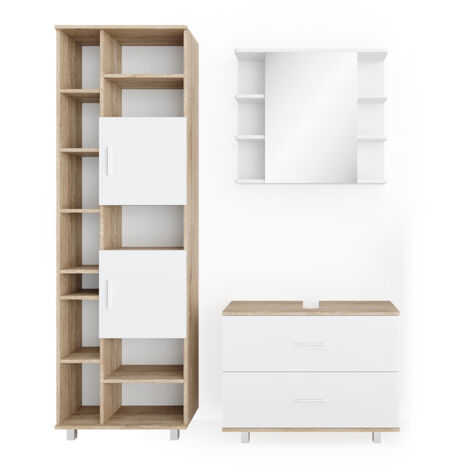Set mobili bagno Ilias, Bianco/Sonoma, 3 pezzi, con base 80 cm, Vicco