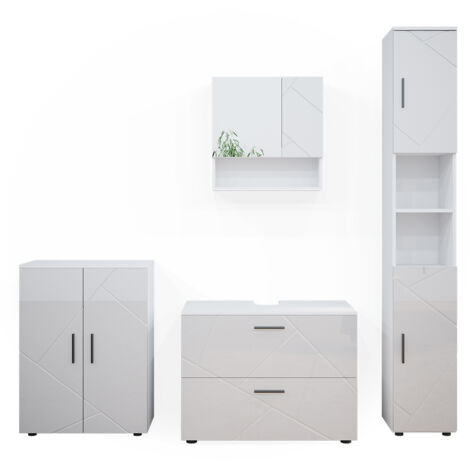 Set mobili bagno Irma, Bianco lucido, 4 pezzi, con cassettiera e mobile midi, Vicco