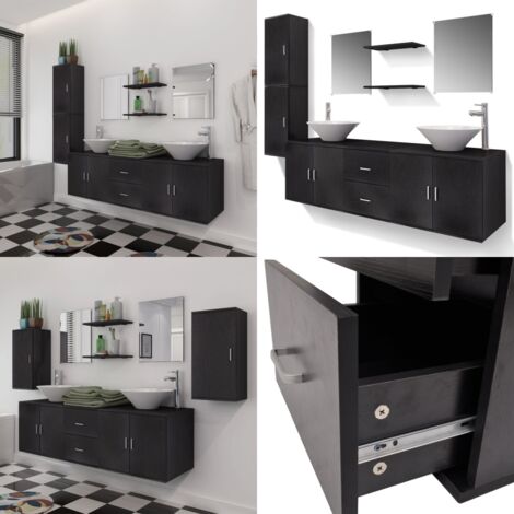 Set Mobili da Bagno 11 pz con Lavabo e Rubinetto Nero - Armadietto da parete - Specchio da bagno