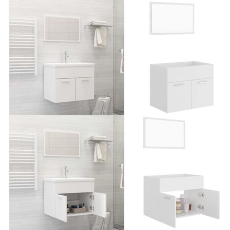 Set Mobili da Bagno 2 pz Bianco in Legno Multistrato - Specchio da bagno - Armadietto in legno