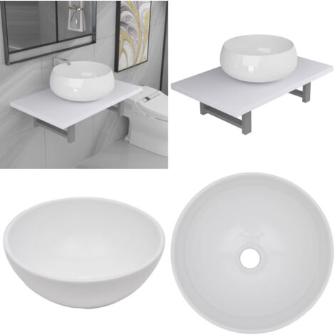 Set Mobili da Bagno 2 pz Ceramica Bianco - Mensola da parete - Lavabo ceramico