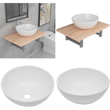 Set Mobili da Bagno 2 pz Ceramica Rovere - Mensola da parete - Lavabo ceramico
