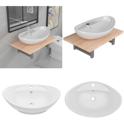 Set Mobili da Bagno 2 pz Ceramica Rovere - Mensola da parete - Lavabo ceramico