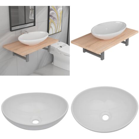 Set Mobili da Bagno 2 pz Ceramica Rovere - Mensola da parete - Lavabo ceramico