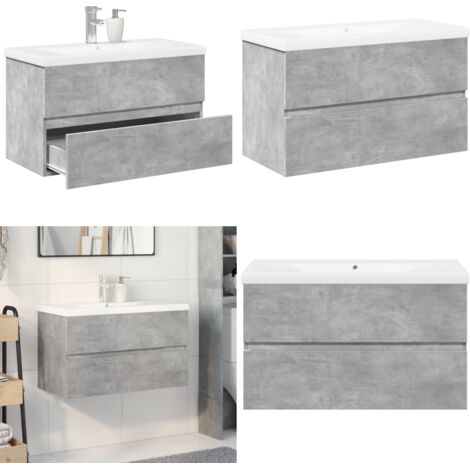 Set Mobili da Bagno 2 pz Grigio Cemento in Legno Multistrato - Lavabo in ceramica - Armadietto in legno multistrato