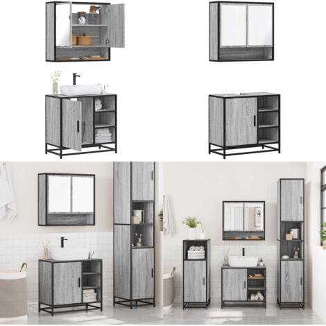 Set Mobili da Bagno 2 pz Grigio Sonoma in Legno Multistrato - Armadietto a specchio - Armadietto lavabo
