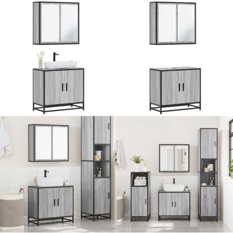 Set Mobili da Bagno 2 pz Grigio Sonoma in Legno Multistrato - Armadietto a specchio - Armadietto lavabo
