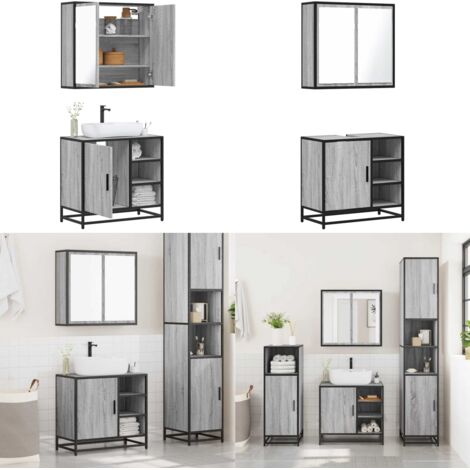 Set Mobili da Bagno 2 pz Grigio Sonoma in Legno Multistrato - Armadietto a specchio - Armadietto lavabo