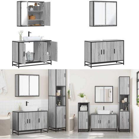Set Mobili da Bagno 2 pz Grigio Sonoma in Legno Multistrato - Armadietto a specchio - Armadietto lavabo