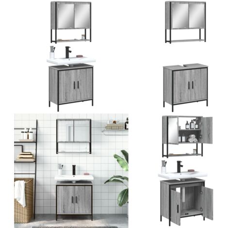 Set Mobili da Bagno 2 pz Grigio Sonoma in Legno Multistrato - Armadietto sottolavabo - Armadietto a specchio