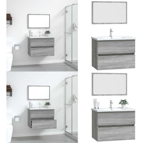 Set Mobili da Bagno 2 pz Grigio Sonoma in Legno Multistrato - Specchio da bagno - Mobile da bagno