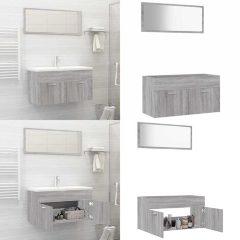 Set Mobili da Bagno 2 pz Grigio Sonoma in Legno Multistrato - Specchio da bagno - Mobili da bagno