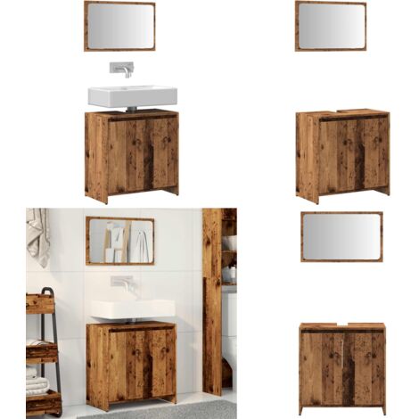 Set Mobili da Bagno 2 pz Legno Antico in Legno Multistrato - Armadietto da bagno - Specchio da bagno