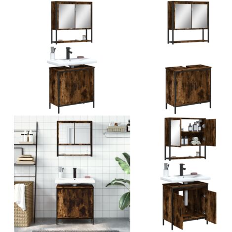 Set Mobili da Bagno 2 pz Rovere Fumo in Legno Multistrato - Armadietto a specchio - Armadietto sottolavabo