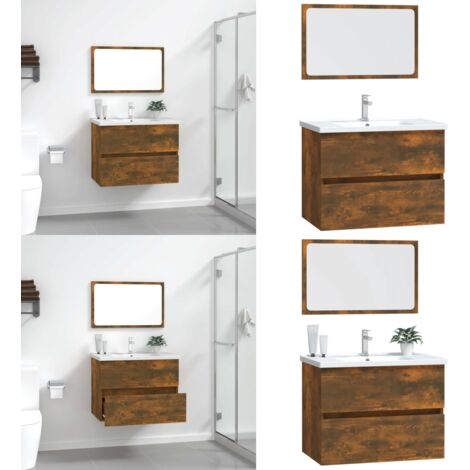 Set Mobili da Bagno 2 pz Rovere Fumo in Legno Multistrato - Specchio da bagno - Mobile da bagno