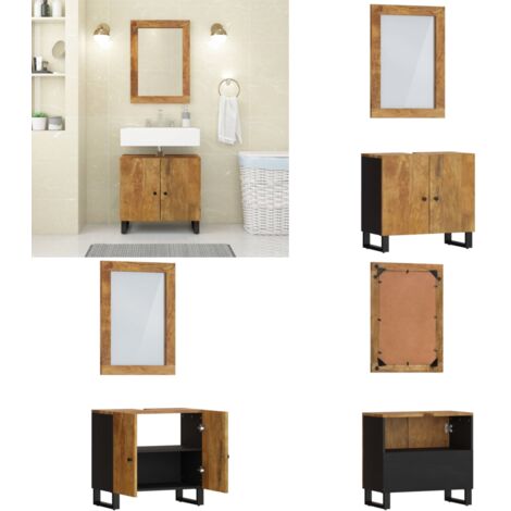 Set Mobili da Bagno 2pz in Legno Massello di Mango - Specchio da bagno - Armadietto in legno