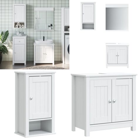Set Mobili da Bagno 3 pz BERG Bianco in Legno Massello di Pino - Armadietto lavello - Specchio da bagno