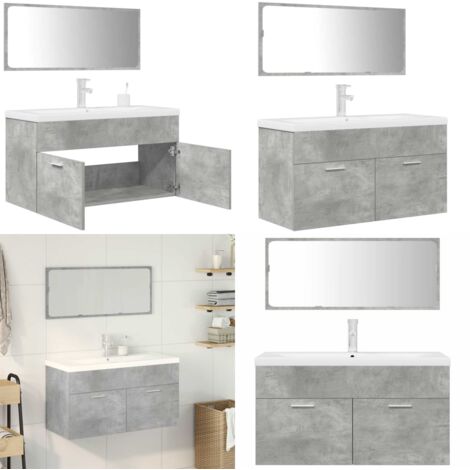 Set Mobili da Bagno 3 pz Grigio Cemento in Legno Multistrato - Specchio da trucco - Lavabo da bagno
