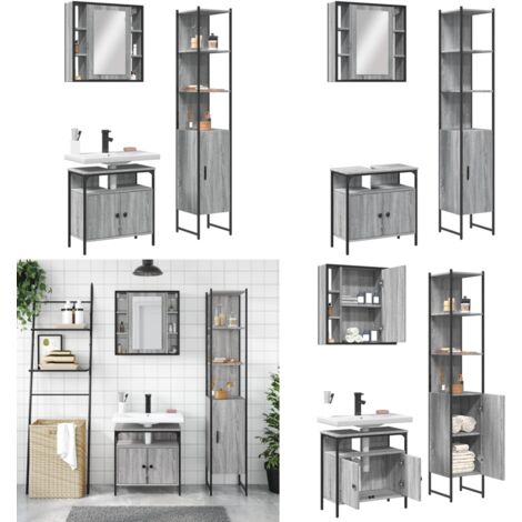 Set Mobili da Bagno 3 pz Grigio Sonoma in Legno Multistrato - Armadietto a specchio - Armadietto lavello