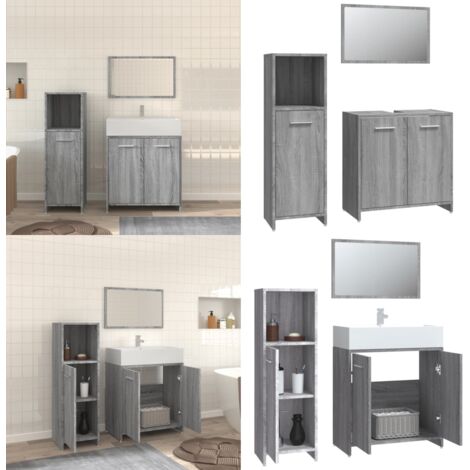 Set Mobili da Bagno 3 pz Grigio Sonoma in Legno Multistrato - Armadietto lavello - Specchio da bagno