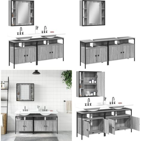 Set Mobili da Bagno 3 pz Grigio Sonoma in Legno Multistrato - Mobile da bagno - Specchio da bagno