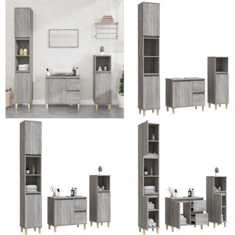 Set Mobili da Bagno 3 pz Grigio Sonoma in Legno Multistrato - Mobili da bagno - Armadietto autoportante