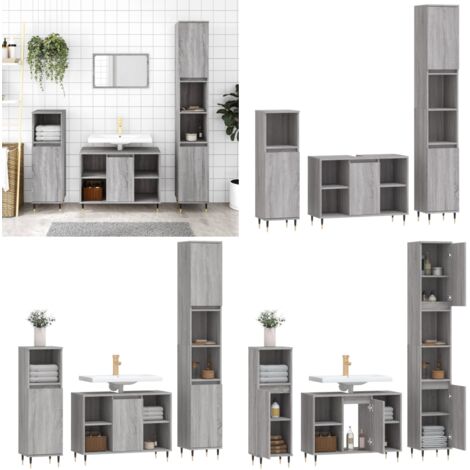 Set Mobili da Bagno 3 pz Grigio Sonoma in Legno Multistrato - Mobili da bagno - Armadietto lavello