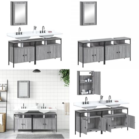 Set Mobili da Bagno 3 pz Grigio Sonoma in Legno Multistrato - Set di mobili da bagno - Mobile da bagno con specchio
