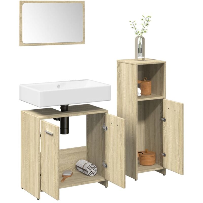 Set Mobili da Bagno 3 pz Rovere Sonoma in Legno Multistrato - Vidaxl