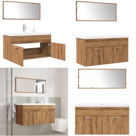 Set Mobili da Bagno 3 pz Rovere Artigianale Legno Multistrato - Lavabo - Specchio