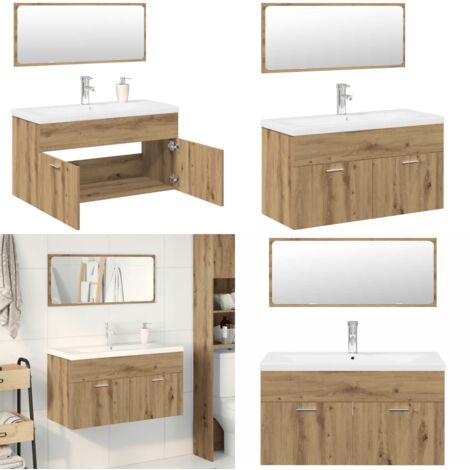 Set Mobili da Bagno 3 pz Rovere Artigianale Legno Multistrato - Mobile da bagno - Lavabo da incasso